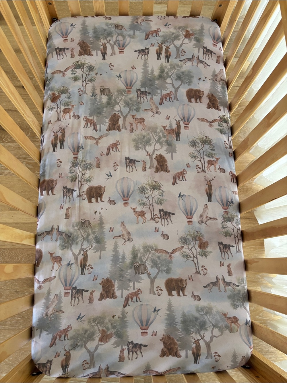 Woodland Animals Crib Sheet - Cream/Brown Hot Air Balloon Print